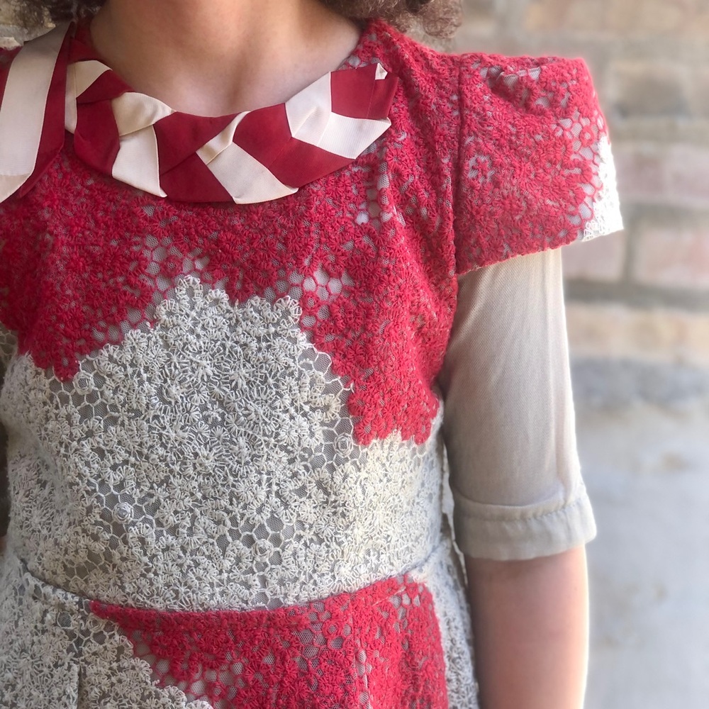 Pinco Pallino Red & Beige Lace Dress with Striped Ribbon Collar - Picture 3 of 16